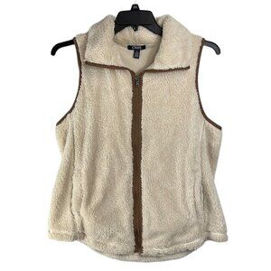 Chaps Vest Women’s Size Large Fleece Sherpa Zip Front cream & brown trimmed